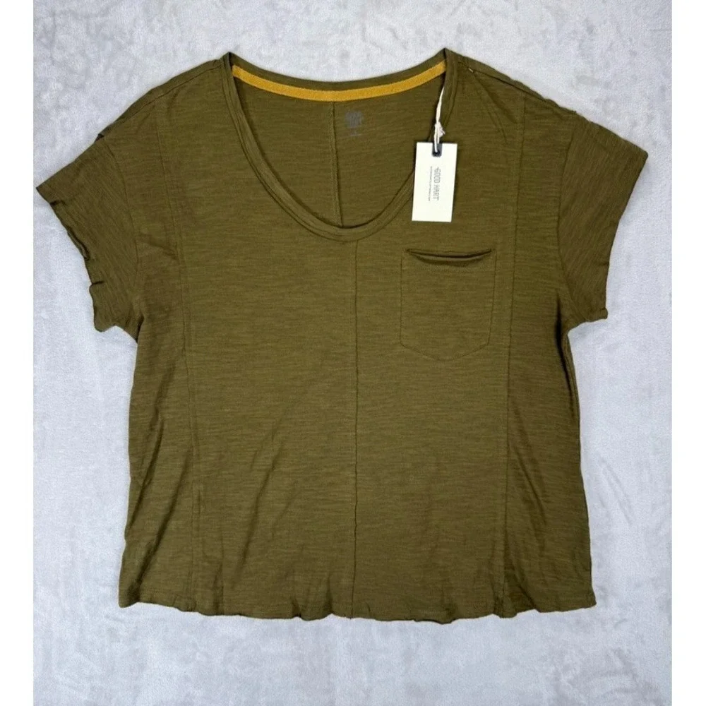 Good Hart Olive Green Slub Pocket Tee Medium Boho‎ Coastal Lagenlook Cotton Top